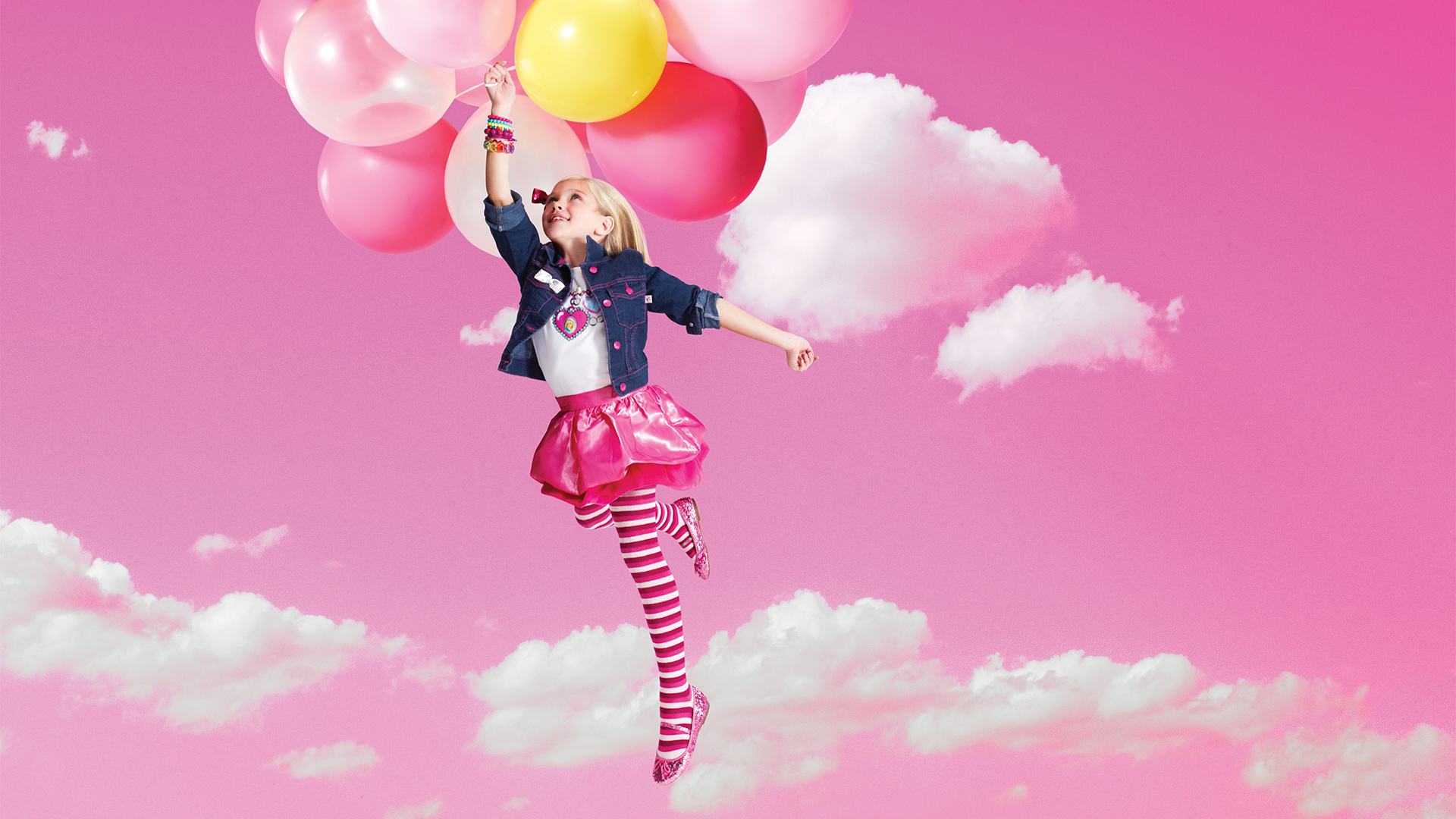 Barbie clothing on girl holding balloons flying up into the air